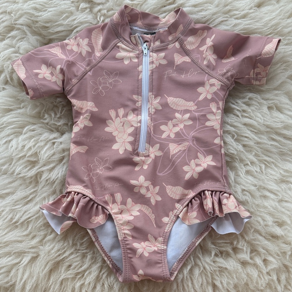 Kids Pink Floral Rash Guard One-Piece Swimsuit with Front Zip